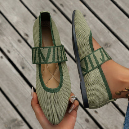 Women’s Loafers – Pointed Toe – Flat Sole – Breathable Knit – Woven Strap Detail