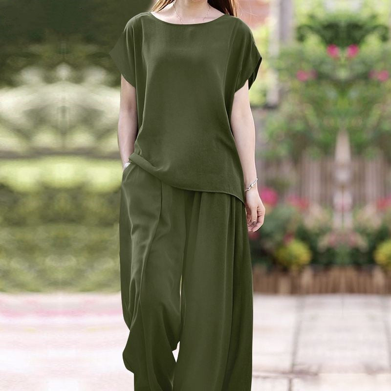 Women’s Two-Piece Set – Loose Fit Blouse – Wide-Leg High-Waist Pants – Lightweight Breathable