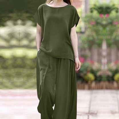 Women’s Two-Piece Set – Loose Fit Blouse – Wide-Leg High-Waist Pants – Lightweight Breathable
