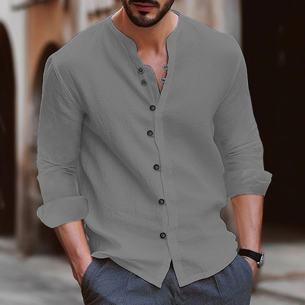 Men’s Long Sleeve Shirt – Relaxed Fit – Band Collar – Breathable Natural Fibers – Button Up