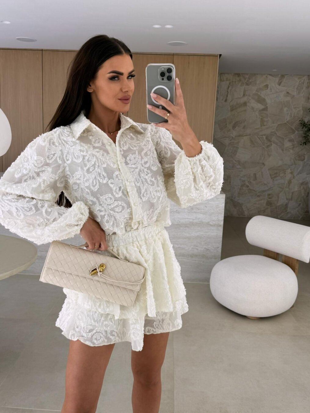 Women’s Two-Piece Lace Set – Puff Sleeve Top – Cinched Waist – Ruffled Mini Skirt