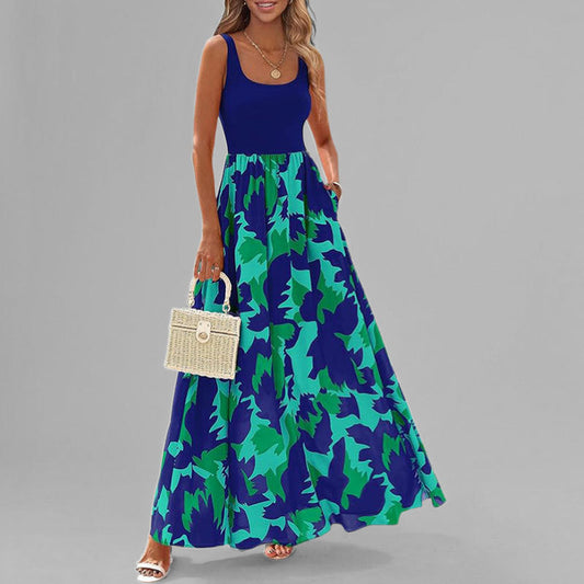 Women’s Maxi Dress – Sleeveless Scoop Neck – High Waist – Flowy A-Line – Printed Skirt