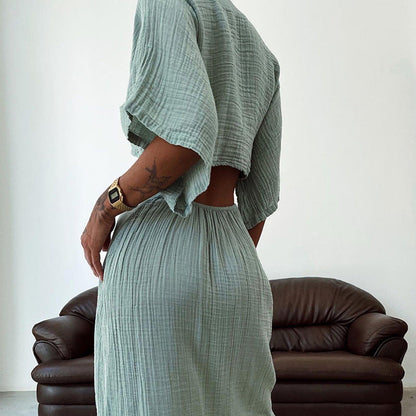 Women’s Maxi Dress – Slim Fit – V-Neck – Waist Cut-Out – Backless – Tie Front
