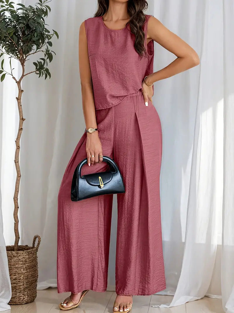 Women’s Wide-Leg Pants – High Waist – Pleated Front – Elastic Waist – Full Length
