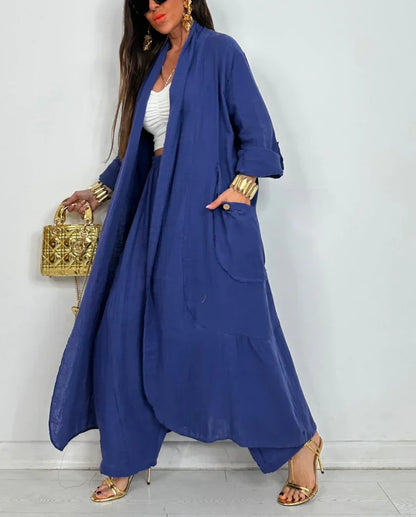 Women’s Two-Piece Set - Long Jacket - Relaxed Fit - Full Length - Wide-Leg Pants - With Pockets