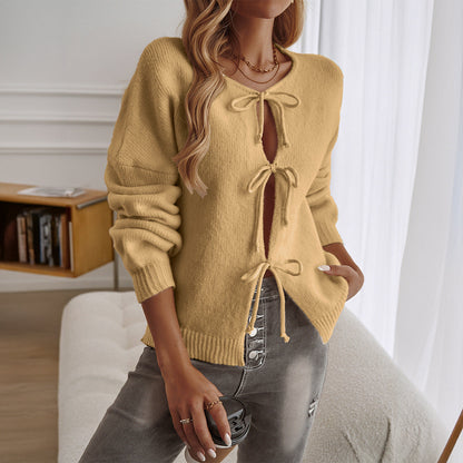 Women’s Cardigan – Wool Knit – Relaxed Fit – Tie Front – Ribbed Trim – Long Sleeve