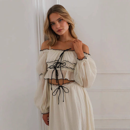Women’s Two-Piece Set – Off Shoulder Top and Skirt – Ruffle Detail – Relaxed Fit – Boho Style