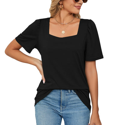 Women’s T-Shirt – Square Neck – Puff Sleeves – Soft Knit – Relaxed Fit Casual Wear