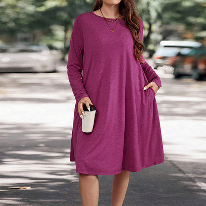 Women’s Long Sleeve Dress – Relaxed Fit – Knit Fabric – Midi Length with Pockets