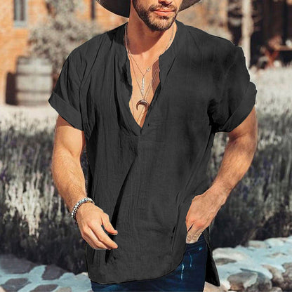 Men’s Short Sleeve Shirt – Relaxed Fit – V-Neck – Natural Fibers – Breathable Casual Wear
