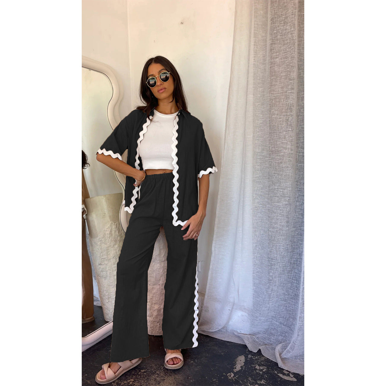 Women’s Two-Piece Set – Lightweight Cotton – Loose Fit – Scalloped Open Front