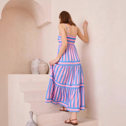 Women’s Sundress – Lightweight Cotton – A-Line Fit – Tiered Striped Spaghetti Straps