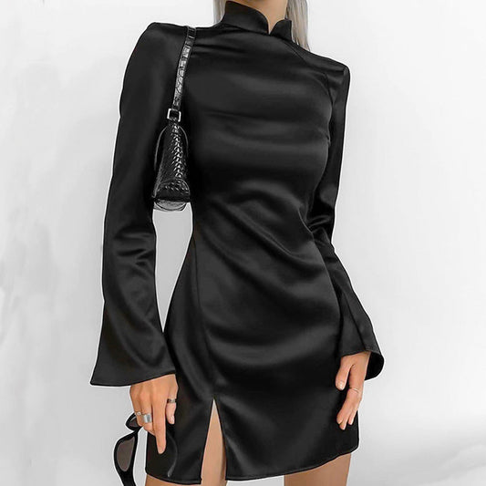 Women’s Satin Mini Dress – Form-Fitting – Stand Collar – Bell Sleeve – Slit Hem