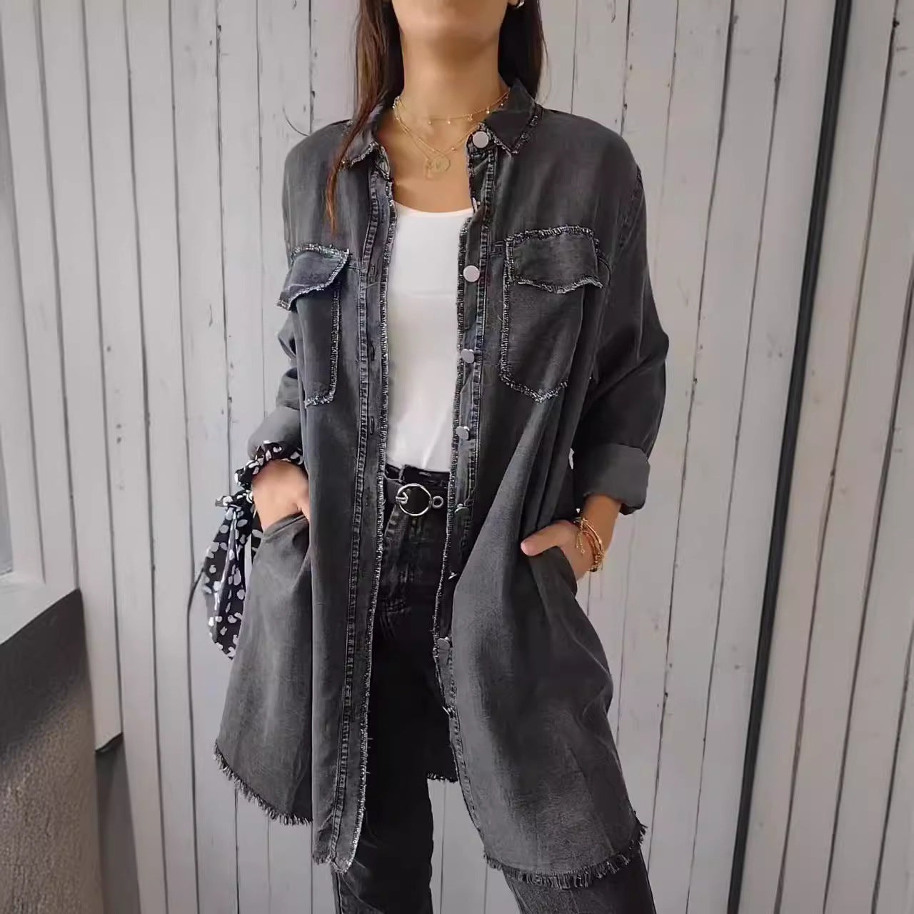Women’s Denim Jacket – Longline Loose Fit – Distressed – Patch Pockets – Raw Hem
