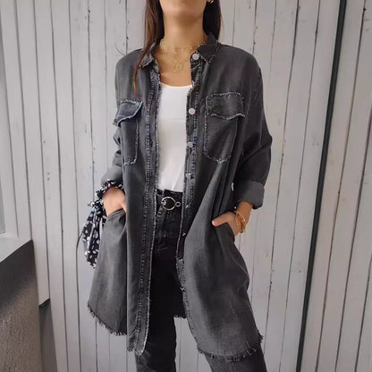 Women’s Denim Jacket – Longline Loose Fit – Distressed – Patch Pockets – Raw Hem