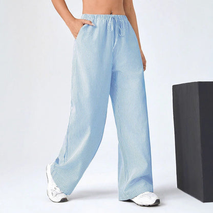 Women’s Straight-Leg Pants – Drawstring Waist – Breathable Cotton – Full Length – Striped