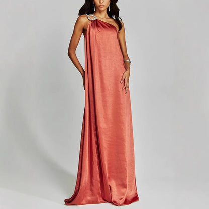 Women’s Evening Dress – Satin One Shoulder – Loose Fit – Embellished Ring Detail