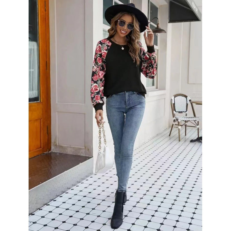 Women’s Sweatshirt – Relaxed Fit – Soft Knit – Floral Raglan Sleeves – Ribbed Cuffs