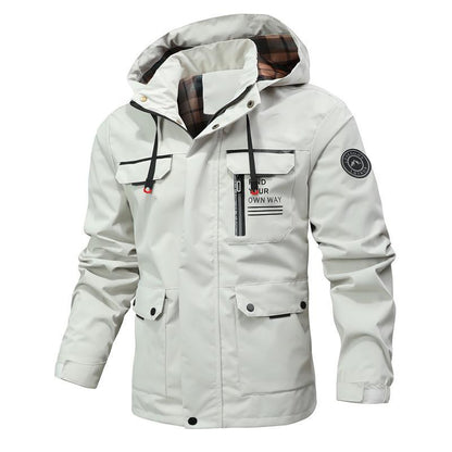 Men’s Windbreaker Jacket – Water-Resistant – Mid-Length – Hooded – Multi-Pocket Outdoor