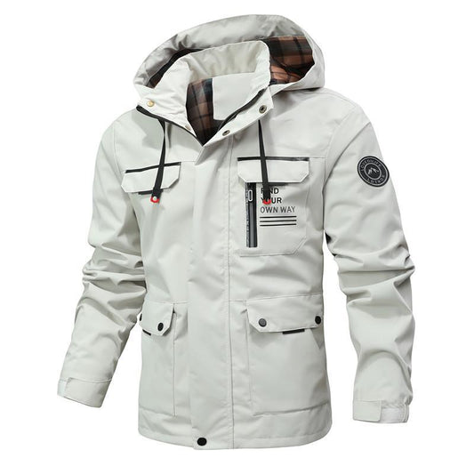 Men’s Windbreaker Jacket – Water-Resistant – Mid-Length – Hooded – Multi-Pocket Outdoor