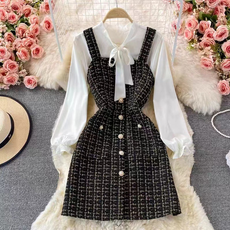 Women’s Pinafore Dress Set – Tweed Midi Fit – Bow Neck Blouse – Button Front Style