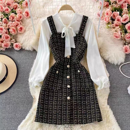 Women’s Pinafore Dress Set – Tweed Midi Fit – Bow Neck Blouse – Button Front Style