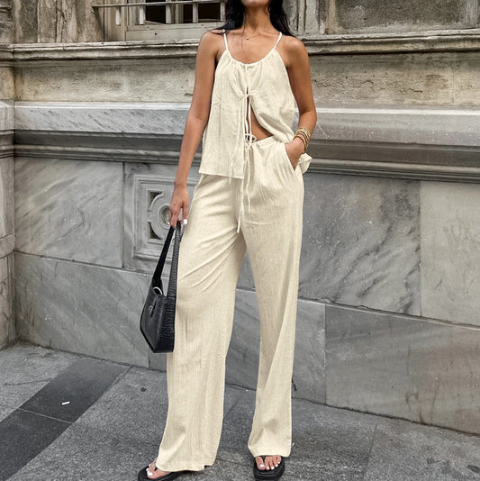 Women’s Two-Piece Set – Linen Blend – Tie Front Crop Top – Wide-Leg Drawstring Pants