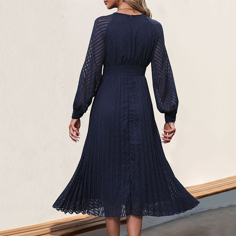 Women’s Fitted Dress - Sheer Woven Fabric - V-Neck - Long Blouson Sleeves - Midi Length