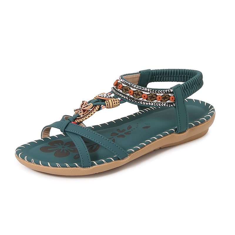 Women’s Flat Sandals – Open Toe – Rhinestone Straps – Boho Braided Detail