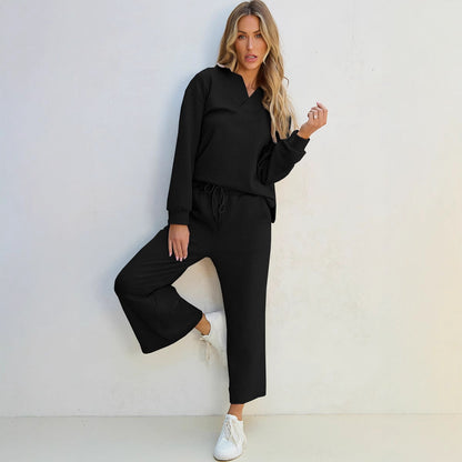 Women’s Lounge Set – Knit Two-Piece – Relaxed Fit – V-Neck Top – Wide-Leg Pants