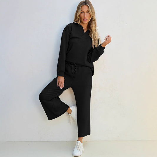 Women’s Lounge Set – Knit Two-Piece – Relaxed Fit – V-Neck Top – Wide-Leg Pants