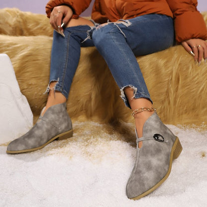 Women’s Ankle Boots – Pointed Toe – Buckle Strap – Low Block Heel – Sleek Fit