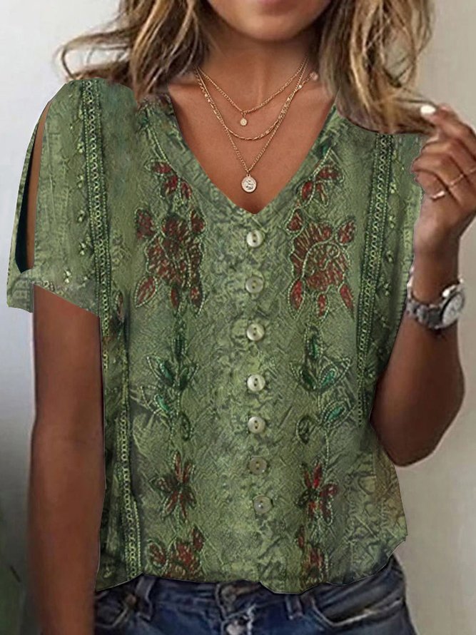 Women’s Blouse – Relaxed Fit – V-Neck Button Front – Embroidered Boho Style – Breathable Fabric