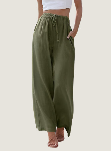 Women’s Wide-Leg Pants – Linen Blend – Relaxed Fit – Drawstring Waist – Full Length