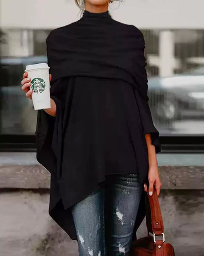 Women’s Relaxed Fit Top – High Neck  – Asymmetrical Hem – Casual Drape
