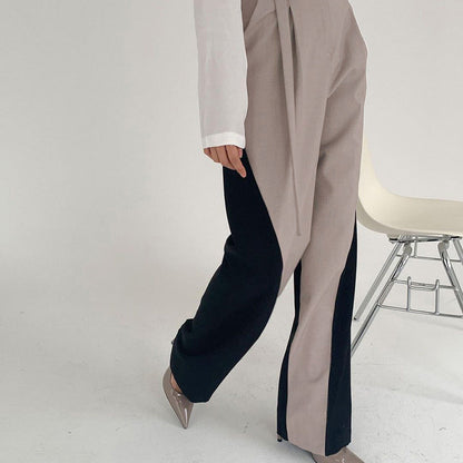 Women’s Wide-Leg Trousers – High Waist – Belted with Ring – Color Block – Full Length