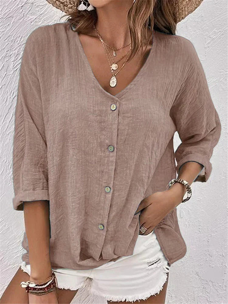 Women’s Blouse – Linnen – Relaxed Fit – V-Neck – Button-Down – 3/4 Rolled Sleeve