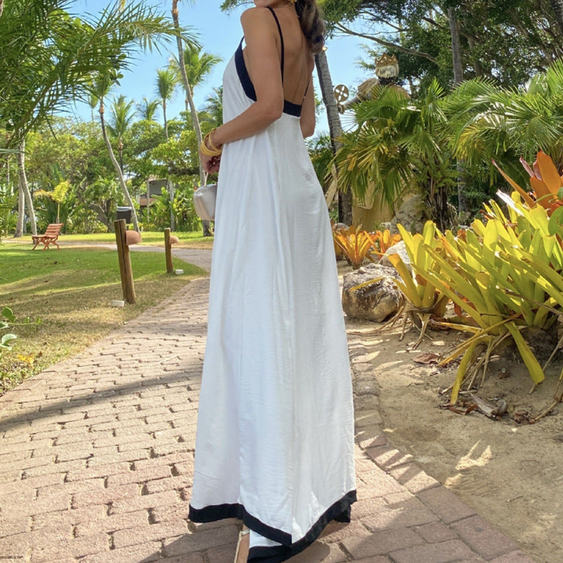 Women’s Maxi Dress – Lightweight Fabric – Loose Fit – V-Neck – Thin Straps – Contrast Trim