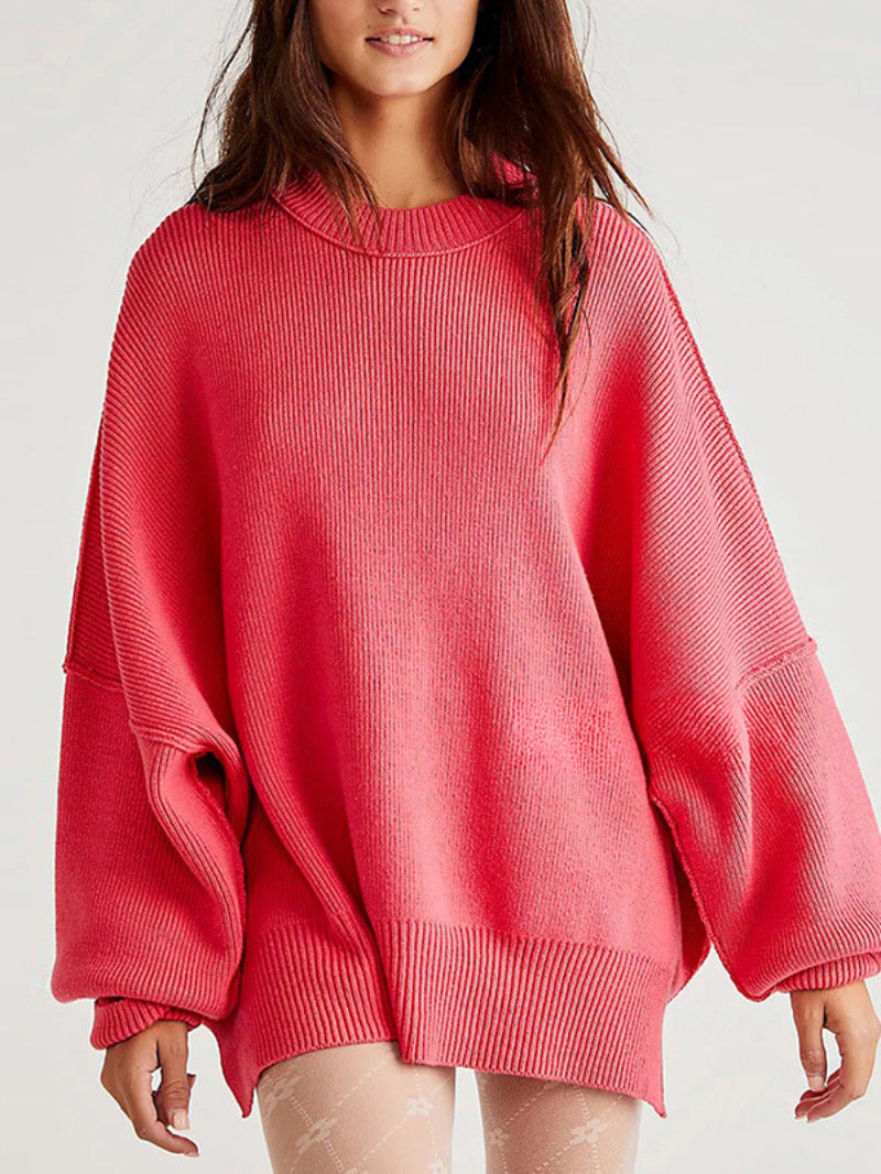 Women’s Pullover Knit Sweater – Oversized Fit – Long Sleeve – Side Slits – Textured Knit