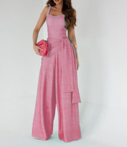 Women’s Jumpsuit – Linen Blend – Sleeveless – Wide Leg – Adjustable Waist – Full Length