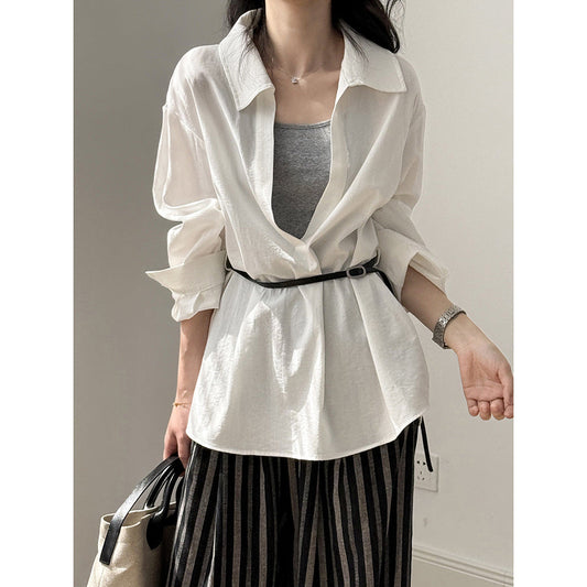 Women’s Lapel Blouse – Lightweight Cotton Blend – Relaxed Fit – Long Sleeve Belted