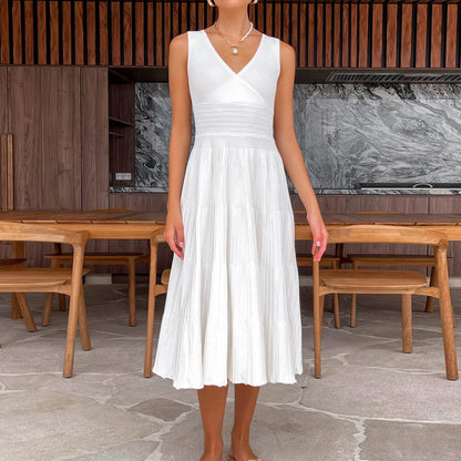 Women’s Midi Dress – Soft Knit – V-Neck – Sleeveless – Pleated A-Line – High Waist