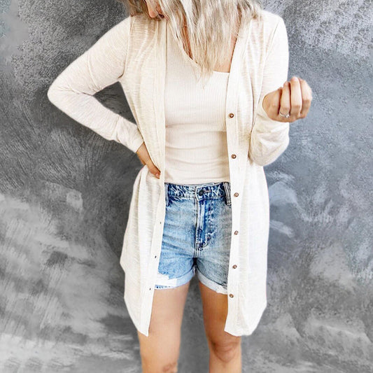 Women’s Cardigan – Fine Knit – Relaxed Fit – Button Front – Mid-Thigh Length