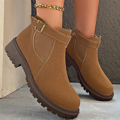 Women’s Ankle Boots – Round Toe – Lug Sole – Retro Buckle – Matte Finish