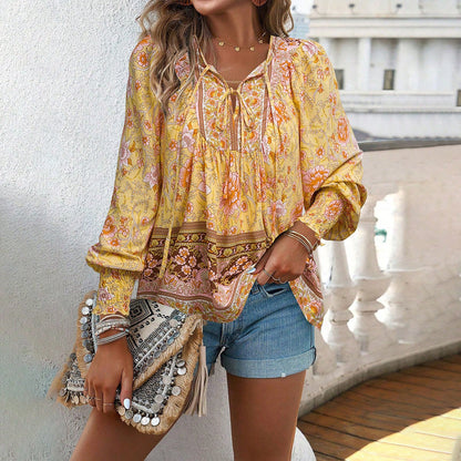 Women’s Blouse – Relaxed Fit – Tie Neck – Long Sleeve – Boho Floral Print