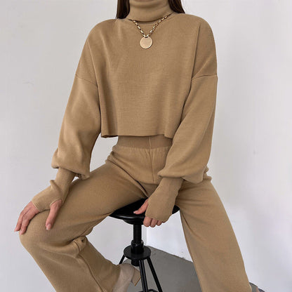 Women’s Lounge Set – Soft Knit Relaxed Fit – High Neck Crop Top – Wide Leg Pants