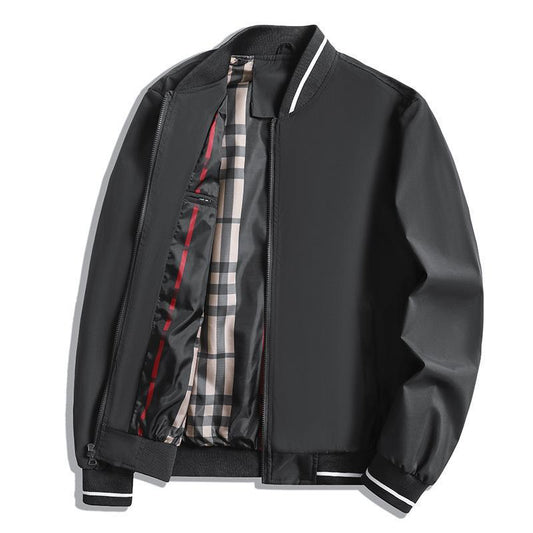 Men’s Casual Jacket – Relaxed Fit – Ribbed Collar & Cuffs – Zipper Front – Check Lining