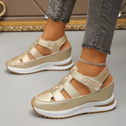 Women’s Wedge Sandals – Closed Toe – Cut-Out Straps – Platform Sole – Adjustable Fit