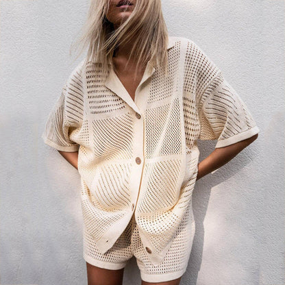 Women’s Two-Piece Knit Set – Relaxed Fit V-Neck Shirt and Drawstring Shorts