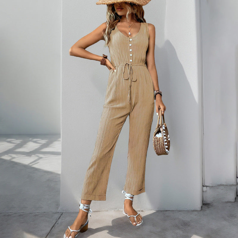 Women’s Jumpsuit – Textured Fabric – Sleeveless V-Neck – Relaxed Fit – Belted Waist